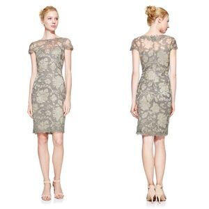 Tadashi Shoji Floral Lace Mesh Formal Metallic Algiers Dress in Smoke Pearl Sz 2